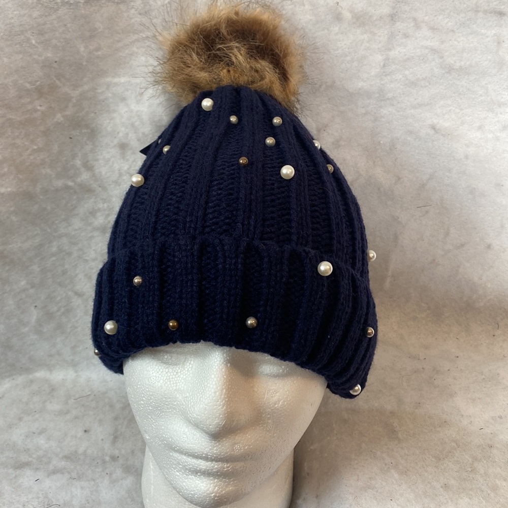 Warm And Snug Navy Blue Knit Pearl And Beaded Bling Beanie